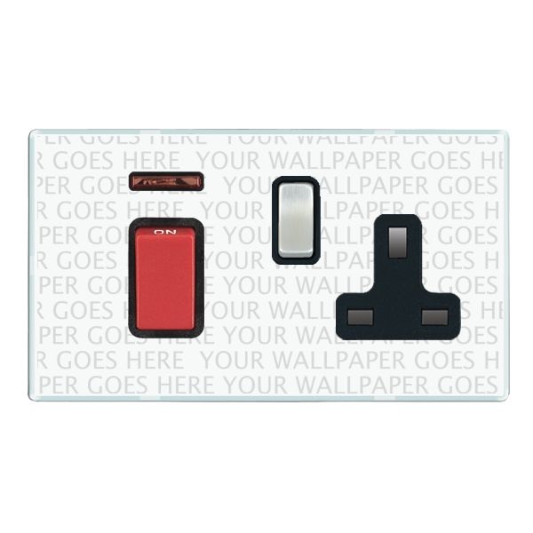 Hamilton PC45SS1SC-B Perception CFX Clear 45A Double Pole Switch with Red Rocker and Neon plus 13A Switched Socket with Satin Chrome Rocker and Black Surround