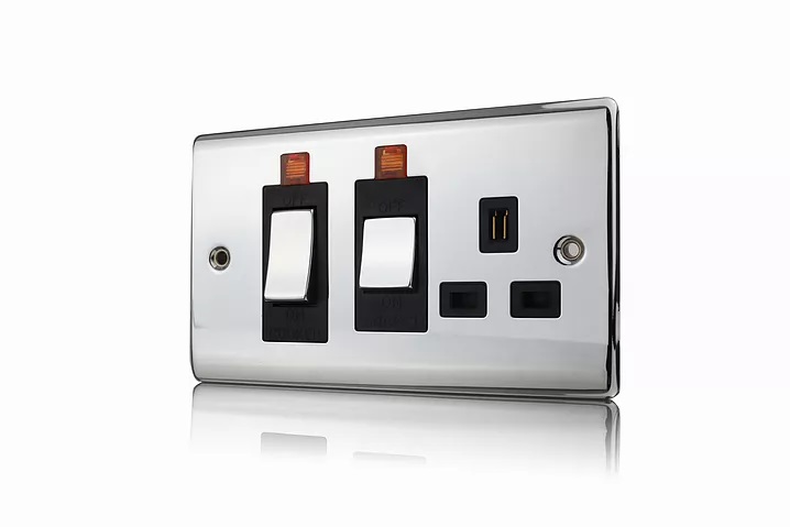 Premspec 45A Cooker Control + Socket With Neon  Polished Chrome Black Insert