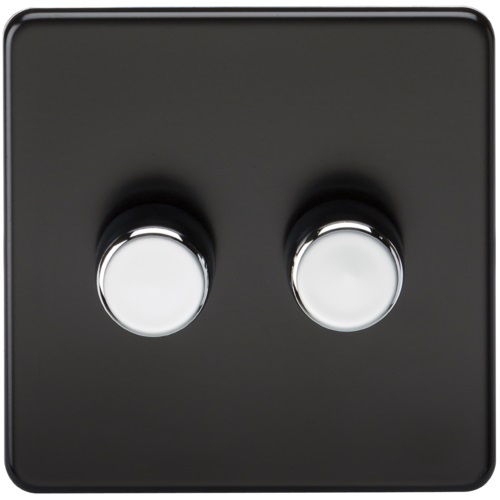 Screwless 2G 2-way 10-200W (5-150W LED) trailing edge dimmer - Matt Black with chrome knobs