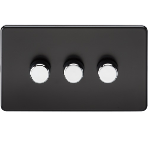 Screwless 3G 2-way 10-200W (5-150W LED) trailing edge dimmer - Matt Black with chrome knobs