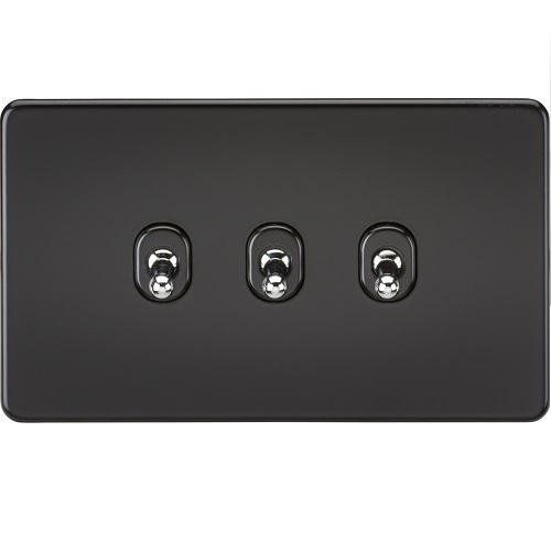 Screwless 10AX 3G 2-Way Toggle Switch - Matt Black with chrome toggles