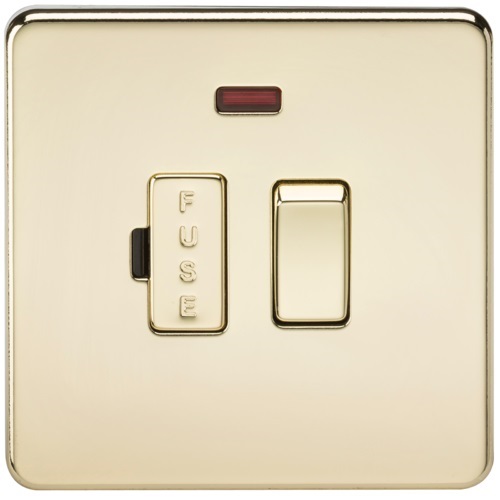 Screwless 13A Switched Fused Spur Unit with Neon - Polished Brass