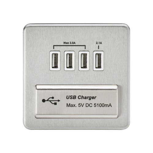 Screwless Quad USB Charger Outlet (5.1A) - Brushed Chrome with White Insert