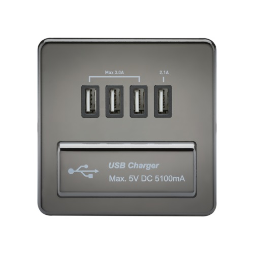 Screwless Quad USB Charger Outlet (5.1A) - Black Nickel with Black Insert