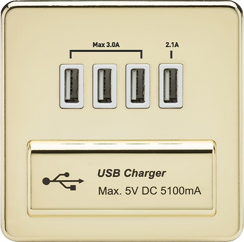 Screwless Quad USB Charger Outlet (5.1A) - Polished Brass with White Insert