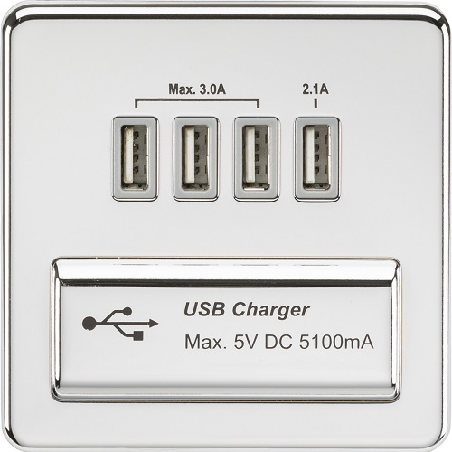 Screwless Quad USB charger Outlet (5.1A) - Polished chrome with grey insert