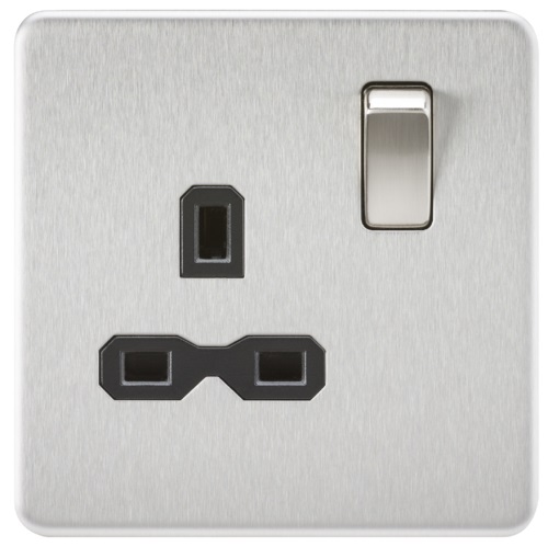 Screwless 13A 1G DP switched Socket - Brushed Chrome with black insert