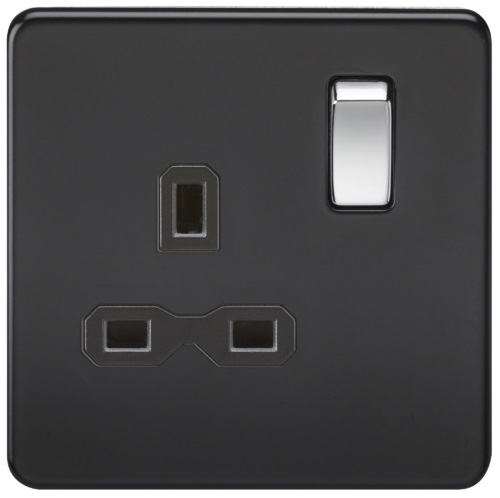 Screwless 13A 1G DP switched socket - matt black with black insert and chrome rockers