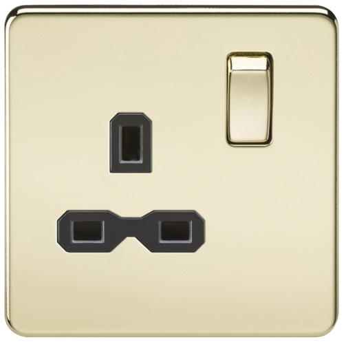 Screwless 13A 1G DP switched socket - polished brass with black insert