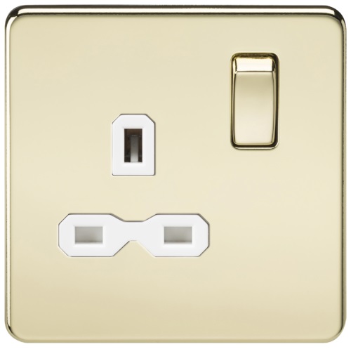 Screwless 13A 1G DP switched socket - polished brass with white insert