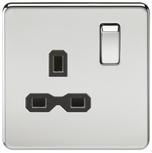 Screwless 13A 1G DP switched socket - polished chrome with black insert
