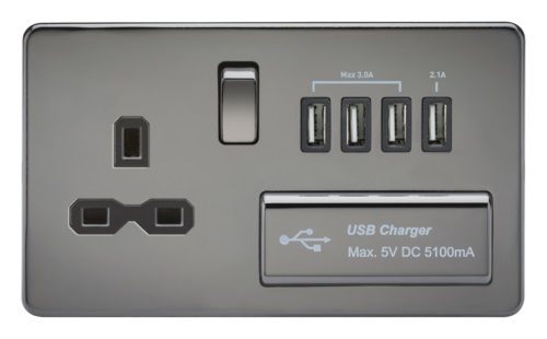 Screwless 13A switched socket with quad USB charger (5.1A) - black nickel with black insert