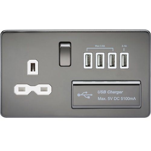Screwless 13A switched socket with quad USB charger (5.1A) - black nickel with white insert