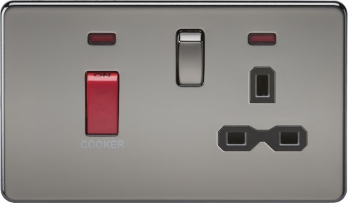 Screwless 45A DP switch and 13A switched socket with neons - black nickel with black insert