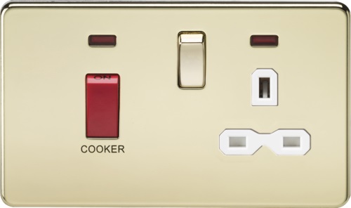 Screwless 45A DP switch and 13A switched socket with neons - polished brass with white insert