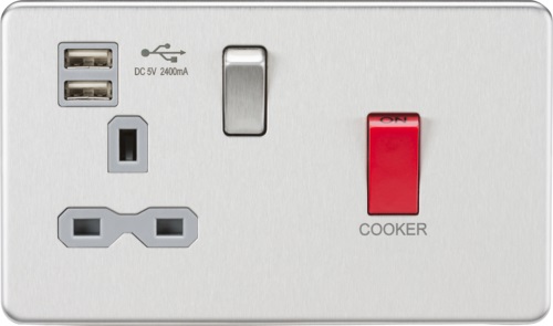 45A DP Switch & 13A Switched Socket with Dual USB Charger 2.4A - Brushed Chrome with grey insert