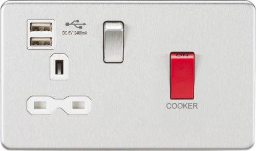 45A DP Switch & 13A Switched Socket with Dual USB Charger 2.4A - Brushed Chrome with white insert