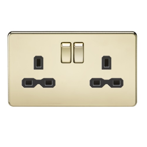 Screwless 13A 2G DP switched socket - polished brass with black insert