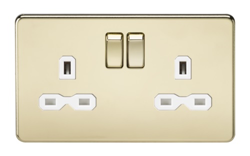 Screwless 13A 2G DP switched socket - polished brass with white insert