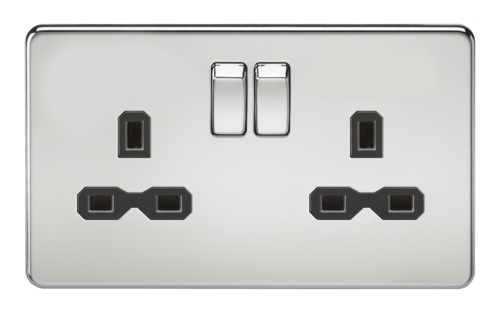 Screwless 13A 2G DP switched socket - polished chrome with black insert