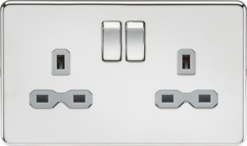 Screwless 13A 2G DP switched socket - polished chrome with grey insert