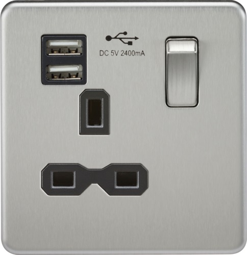 Screwless 13A 1G switched socket with dual USB charger (2.4A) - brushed chrome with black insert