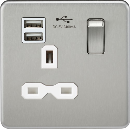 Screwless 13A 1G switched socket with dual USB charger (2.4A) - brushed chrome with white insert