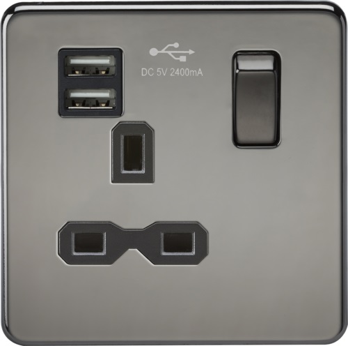 Screwless 13A 1G switched socket with dual USB charger (2.4A) - black nickel with black insert