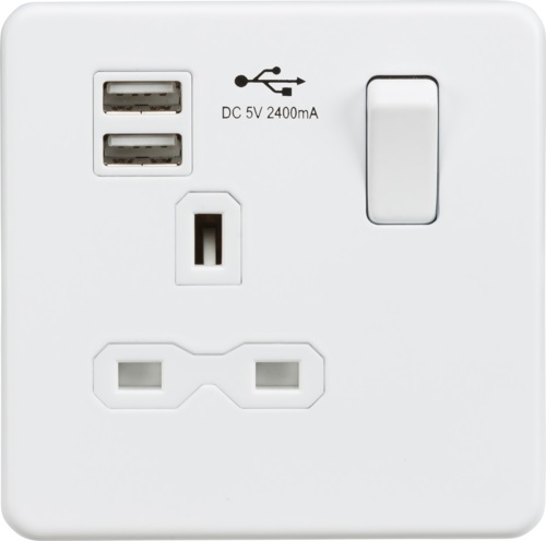 Screwless 13A socket, USB chargers (2.4A) and Bluetooth Speaker - Matt white