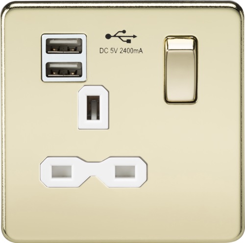 Screwless 13A 1G switched socket with dual USB charger (2.4A) - polished brass with white insert