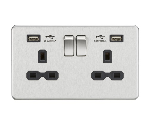 13A 2G Switched Socket with Dual USB Charger (2.4A) - Brushed Chrome with Black Insert