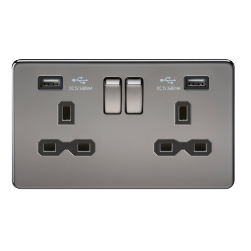 13A 2G Switched Socket with Dual USB Charger (2.4A) - Black Nickel with Black Insert