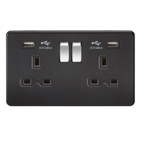 13A 2G Switched Socket with Dual USB Charger (2.4A) - Matt Black with Chrome Rockers