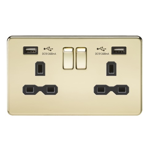 13A 2G Switched Socket with Dual USB Charger (2.4A) - Polished Brass with Black Insert
