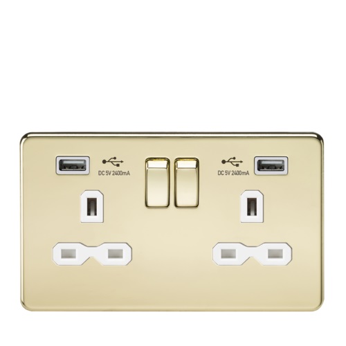 13A 2G Switched Socket with Dual USB Charger (2.4A) - Polished Brass with White Insert