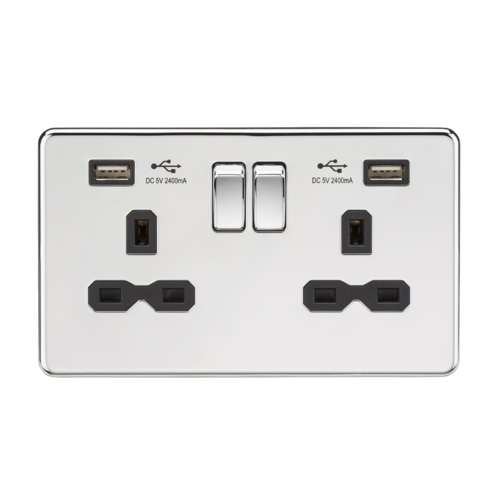 13A 2G Switched Socket with Dual USB Charger (2.4A) - Polished Chrome with Black Insert