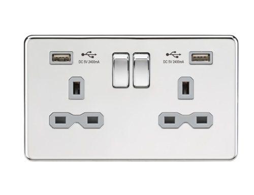 13A 2G Switched Socket with Dual USB Charger (2.4A) - Polished Chrome with Grey Insert
