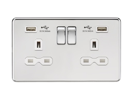 13A 2G Switched Socket with Dual USB Charger (2.4A) - Polished Chrome with White Insert