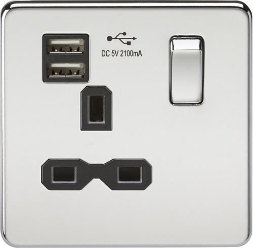 Screwless 13A 1G switched socket with dual USB charger (2.1A) - polished chrome with black insert