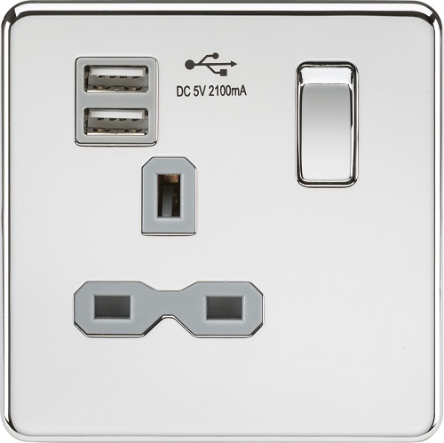Screwless 13A 1G switched socket with dual USB charger (2.1A) - polished chrome with grey insert