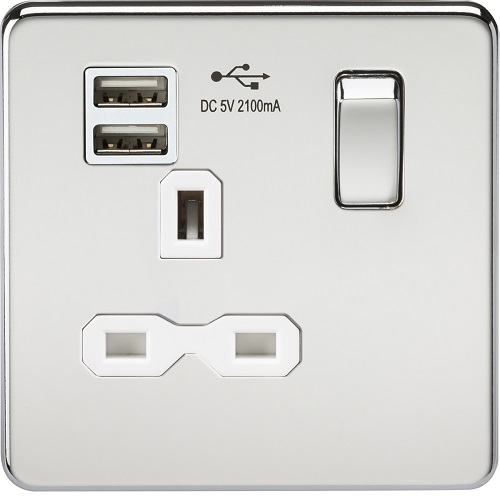 Screwless 13A 1G switched socket with dual USB charger (2.1A) - polished chrome with white insert