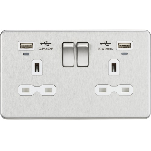 13A 2G Switched Socket, Dual USB (2.4A) with LED Charge Indicators - Brushed Chrome w/white insert