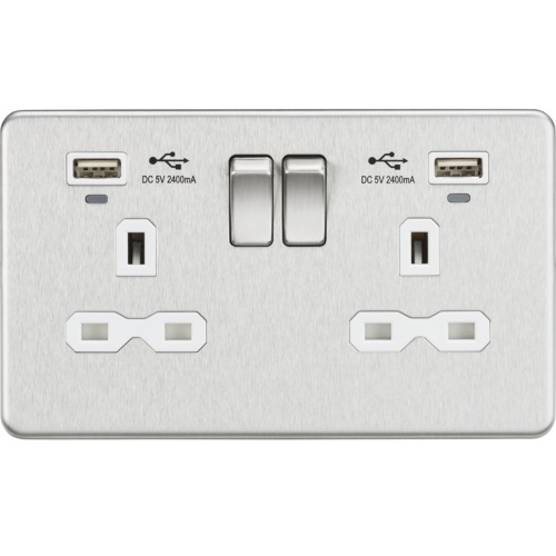 13A 2G Switched Socket, Dual USB (2.4A) with LED Charge Indicators - Brushed Chrome w/white insert