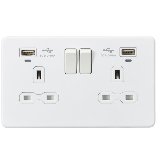 13A 2G Switched Socket, Dual USB (2.4A) with LED Charge Indicators - Matt White