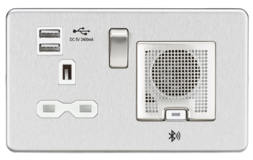 Screwless 13A socket, USB chargers (2.4A) and Bluetooth Speaker - Brushed chrome with white insert