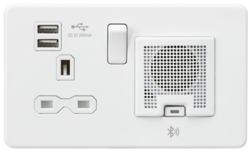 Screwless 13A socket, USB chargers (2.4A) and Bluetooth Speaker - Matt white