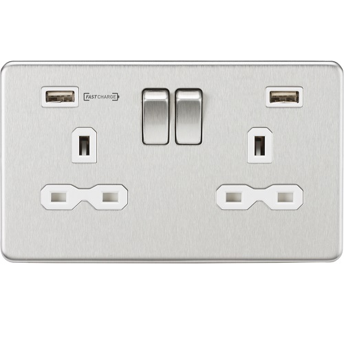 13A 2G DP Switched Socket with Dual USB Charger (Type-A FASTCHARGE port) - Brushed Chrome/White