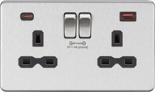 13A 2G DP Switched Socket with Dual USB FASTCHARGE ports (A + C) - Brushed Chrome with black insert