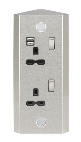 KnightsBridge SKR001A 13A 2G Vertical Switched Socket with Dual USB Charger (2.4A) - Stainless Steel with black insert