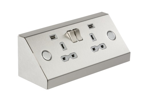 13A 2G Mounting Switched Socket with Dual USB Charger (2.4A) - Stainless Steel with grey insert